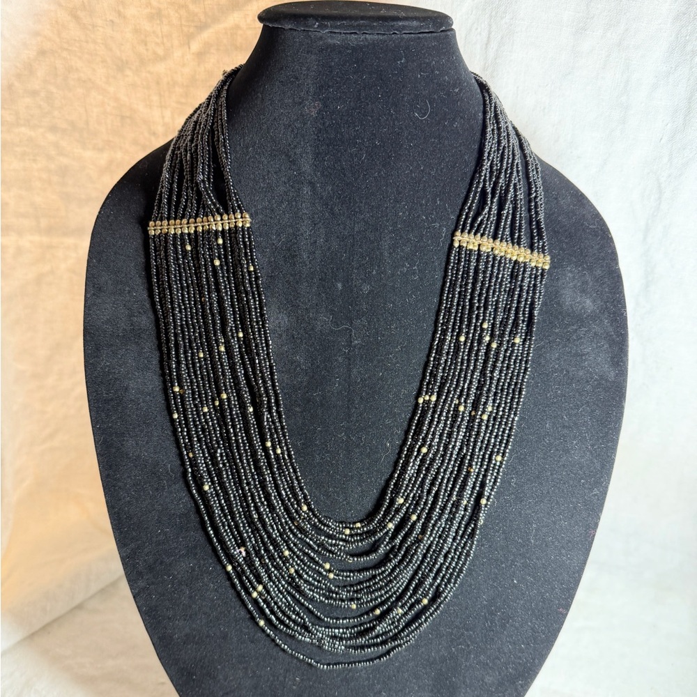 Elegant Black and Gold Multistrand Seed Bead Waterfall Necklace